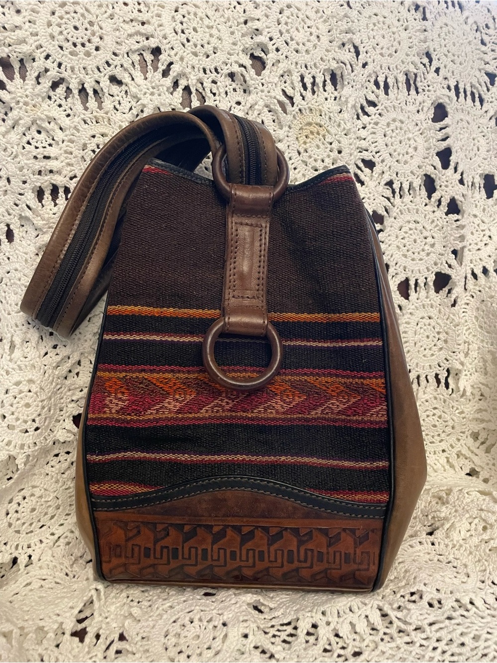 Anna Cainzo Tooled Leather and Wooven Textile Backpack
